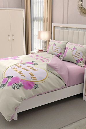 Lastikli Çarşaflı %100 Pamuk Saten Çift Kişilik Nevresim Takımı Anneler Günü Benim Melek Annem