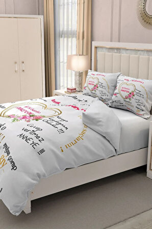 Lastikli Çarşaflı %100 Pamuk Saten Çift Kişilik Nevresim Takımı Anneler Günü Iyi Ki Benim Annemsin