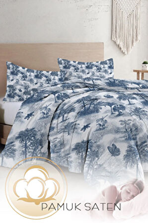 Çift Kişilik Nevresim Takımı Özel Dokuma Pamuk Saten Tuval Koleksiyonu Palm Indigo