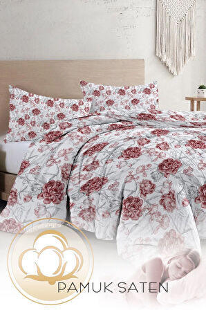 Çift Kişilik Nevresim Takımı Özel Dokuma Pamuk Saten Tuval Koleksiyonu Shadow Flowers Red