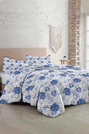Çift Kişilik Nevresim Takımı Özel Dokuma Pamuk Saten Tuval Koleksiyonu Shadow Flowers Blue