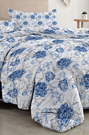Çift Kişilik Nevresim Takımı Özel Dokuma Pamuk Saten Tuval Koleksiyonu Shadow Flowers Blue
