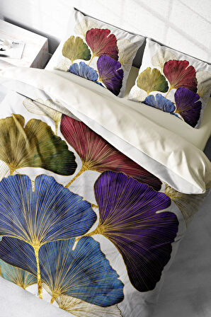 Lastikli Çarşaflı %100 Pamuk Saten Çift Kişilik Nevresim Takımı Colorfull Leave