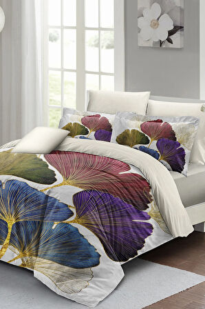 Lastikli Çarşaflı %100 Pamuk Saten Çift Kişilik Nevresim Takımı Colorfull Leave