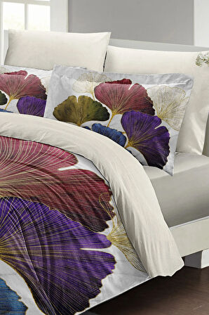 Lastikli Çarşaflı %100 Pamuk Saten Çift Kişilik Nevresim Takımı Colorfull Leave