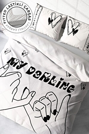 Lastikli Çarşaflı %100 Pamuk Saten Çift Kişilik Nevresim Takımı Darling