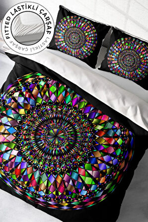 Lastikli Çarşaflı %100 Pamuk Saten Çift Kişilik Nevresim Takımı Mandala 4