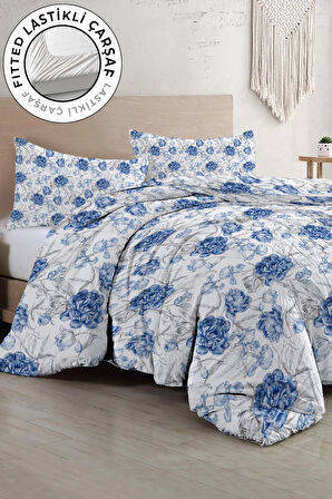 Lastikli Çarşaflı %100 Pamuk Saten Çift Kişilik Nevresim Takımı Tuval Koleksiyonu Shadow