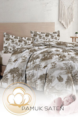 Lastikli Çarşaflı %100 Pamuk Saten Çift Kişilik Nevresim Takımı Tuval Koleksiyonu Sephia