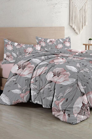 Lastikli Çarşaflı %100 Pamuk Saten Çift Kişilik Nevresim Takımı Gray Rose