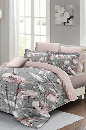 Lastikli Çarşaflı %100 Pamuk Saten Çift Kişilik Nevresim Takımı Gray Rose