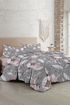 Lastikli Çarşaflı %100 Pamuk Saten Çift Kişilik Nevresim Takımı Gray Rose