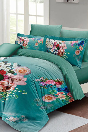 Lastikli Çarşaflı %100 Pamuk Saten Çift Kişilik Nevresim Takımı Çiçekli Turkuaz