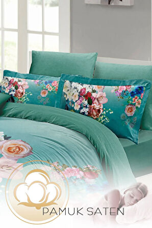 Lastikli Çarşaflı %100 Pamuk Saten Çift Kişilik Nevresim Takımı Çiçekli Turkuaz