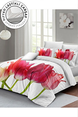 Lastikli Çarşaflı %100 Pamuk Saten Çift Kişilik Nevresim Takımı Tulip