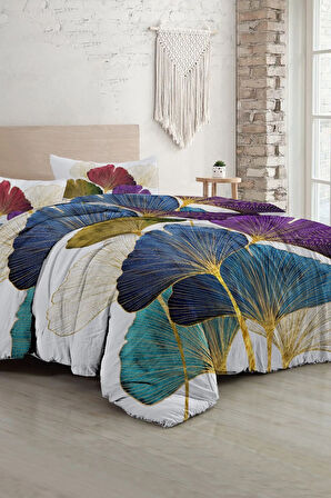 Lastikli Çarşaflı %100 Pamuk Saten Çift Kişilik Nevresim Takımı Colorfull Leaves