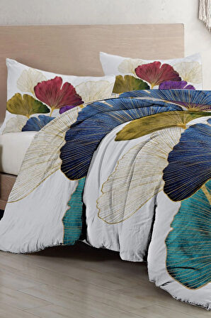 Lastikli Çarşaflı %100 Pamuk Saten Çift Kişilik Nevresim Takımı Colorfull Leaves