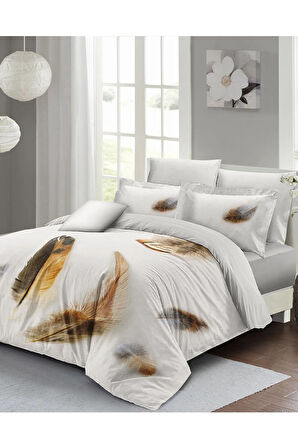 Lastikli Çarşaflı %100 Pamuk Saten Çift Kişilik Nevresim Takımı Lucky Feather
