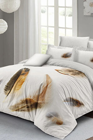 Lastikli Çarşaflı %100 Pamuk Saten Çift Kişilik Nevresim Takımı Lucky Feather