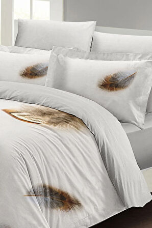 Lastikli Çarşaflı %100 Pamuk Saten Çift Kişilik Nevresim Takımı Lucky Feather