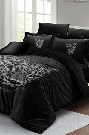 Lastikli Çarşaflı %100 Pamuk Saten Çift Kişilik Nevresim Takımı Black Leopar