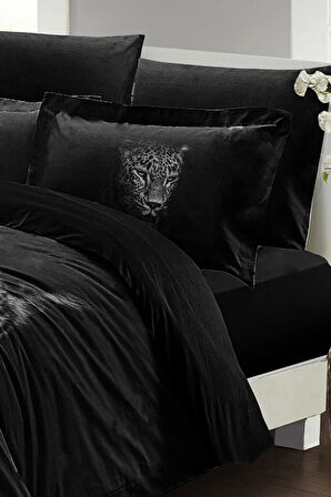 Lastikli Çarşaflı %100 Pamuk Saten Çift Kişilik Nevresim Takımı Black Leopar
