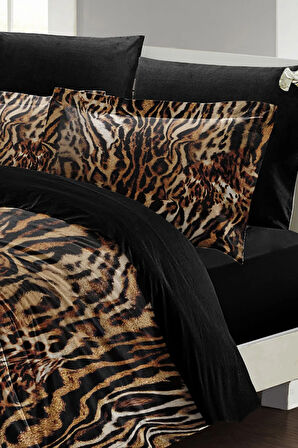 Lastikli Çarşaflı %100 Pamuk Saten Çift Kişilik Nevresim Takımı Brown Zebra