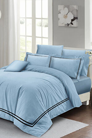Lastikli Çarşaflı %100 Pamuk Saten Çift Kişilik Nevresim Takımı Luxury Pamuk Saten Mavi