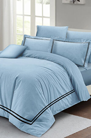 Lastikli Çarşaflı %100 Pamuk Saten Çift Kişilik Nevresim Takımı Luxury Pamuk Saten Mavi