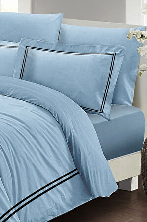 Lastikli Çarşaflı %100 Pamuk Saten Çift Kişilik Nevresim Takımı Luxury Pamuk Saten Mavi