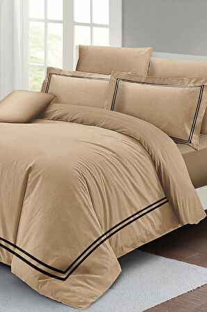 Lastikli Çarşaflı %100 Pamuk Saten Çift Kişilik Nevresim Takımı Luxury Pamuk Saten Kahve