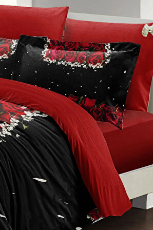 Lastikli Çarşaflı %100 Pamuk Saten Çift Kişilik Nevresim Takımı Black Rose