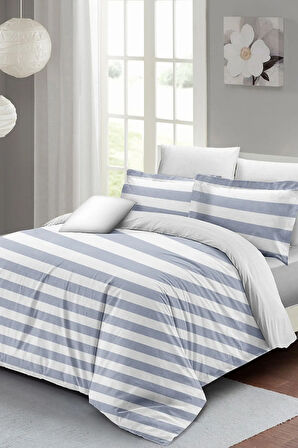 Lastikli Çarşaflı %100 Pamuk Saten Çift Kişilik Nevresim Takımı Soft Strip Luxury