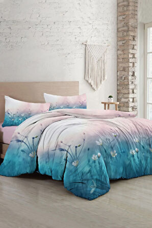 Lastikli Çarşaflı %100 Pamuk Saten Çift Kişilik Nevresim Takımı Soft Blue Luxury