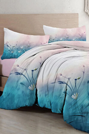 Lastikli Çarşaflı %100 Pamuk Saten Çift Kişilik Nevresim Takımı Soft Blue Luxury