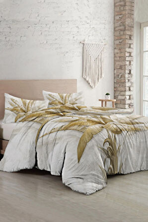 Lastikli Çarşaflı %100 Pamuk Saten Çift Kişilik Nevresim Takımı Retro Palm Luxury