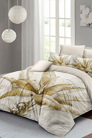 Lastikli Çarşaflı %100 Pamuk Saten Çift Kişilik Nevresim Takımı Retro Palm Luxury