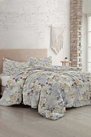Lastikli Çarşaflı %100 Pamuk Saten Çift Kişilik Nevresim Takımı Grey Yellow Roses Luxury