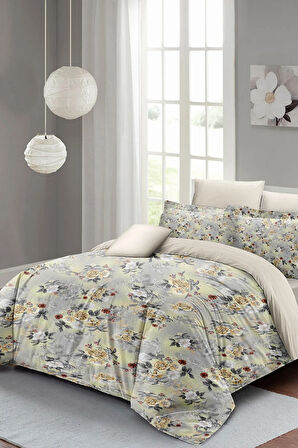 Lastikli Çarşaflı %100 Pamuk Saten Çift Kişilik Nevresim Takımı Grey Yellow Roses Luxury