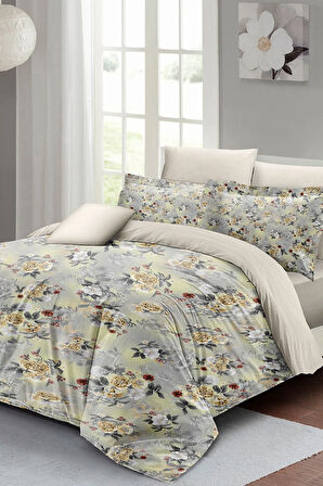 Lastikli Çarşaflı %100 Pamuk Saten Çift Kişilik Nevresim Takımı Grey Yellow Roses Luxury