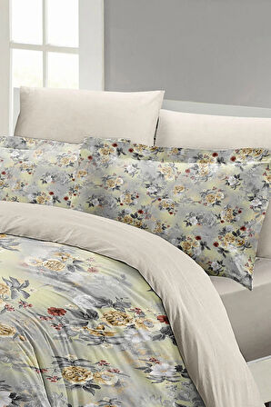 Lastikli Çarşaflı %100 Pamuk Saten Çift Kişilik Nevresim Takımı Grey Yellow Roses Luxury
