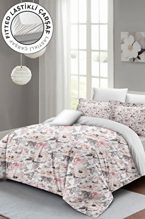 Lastikli Çarşaflı %100 Pamuk Saten Çift Kişilik Nevresim Takımı Dream Roses Luxury