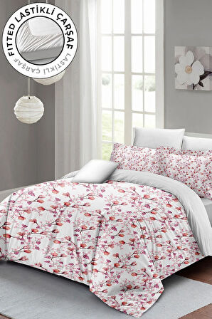 Lastikli Çarşaflı %100 Pamuk Saten Çift Kişilik Nevresim Takımı Cherry Blossom Luxury