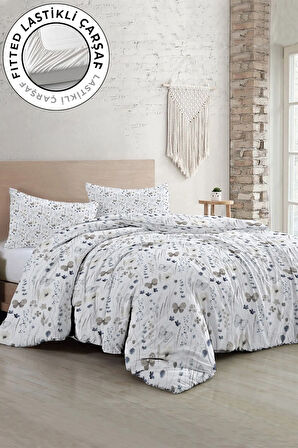 Lastikli Çarşaflı %100 Pamuk Saten Çift Kişilik Nevresim Takımı Butterfly Flower Luxury