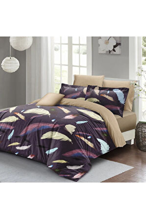 Lastikli Çarşaflı %100 Pamuk Saten Çift Kişilik Nevresim Takımı colorful feather