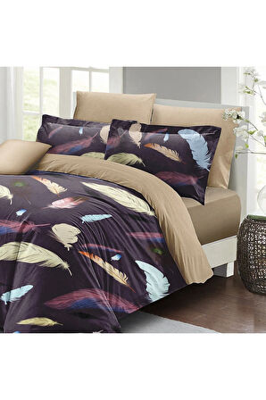 Lastikli Çarşaflı %100 Pamuk Saten Çift Kişilik Nevresim Takımı colorful feather