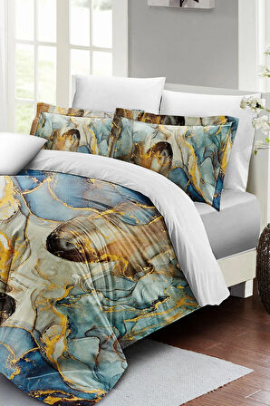 Lastikli Çarşaflı %100 Pamuk Saten Çift Kişilik Nevresim Takımı Marble Shiny