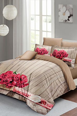 Lastikli Çarşaflı %100 Pamuk Saten Çift Kişilik Nevresim Takımı Pink Flowers