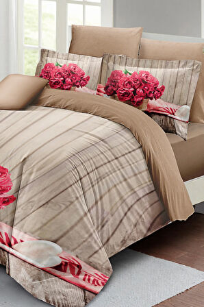 Lastikli Çarşaflı %100 Pamuk Saten Çift Kişilik Nevresim Takımı Pink Flowers