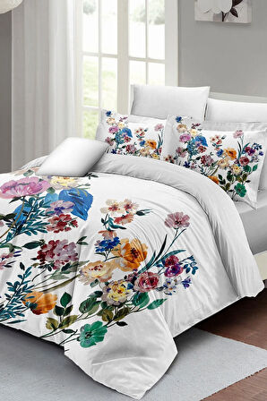 Lastikli Çarşaflı %100 Pamuk Saten Çift Kişilik Nevresim Takımı Flower Mix